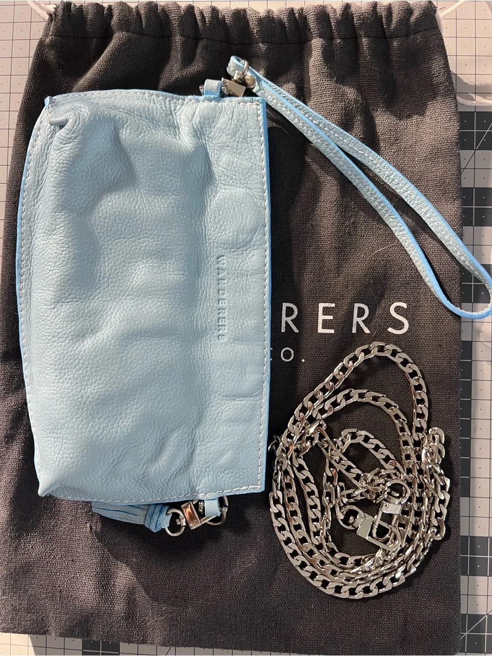 Wanderers Hand-Altered Leather Clutch/Crossbody Bag – Sky Blue – Genuine Leather